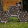 IP WA 06 Insectenwand Hex groot | 4 Afbeelding van het Hex Insectenhotel gekoppeld met 2 andere units voor een totaal van 3 units. Een product en voorziening van Vivara Pro dat insecten een veilig en duurzaam verblijf biedt en bijdraagt aan natuurinclusief bouwen