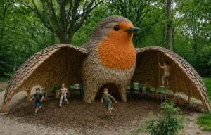 Afbeelding van een maatwerk landmark sculptuur in de vorm van een roodborst waar kinderen spelen. Het object dient ook als een speeltoestel.