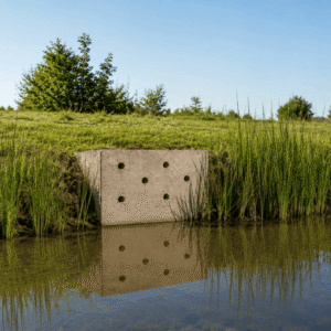 Afbeelding van een render van een ijsvogelwand van Vivara Pro die is ingeouwd in de oever van een waterbron.