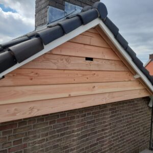 Afbeelding van de VK GB 01 Vleermuis gevelbekleding geïntegreerd in een gevel. Het product is gemaakt van hout door Vivara Pro.
