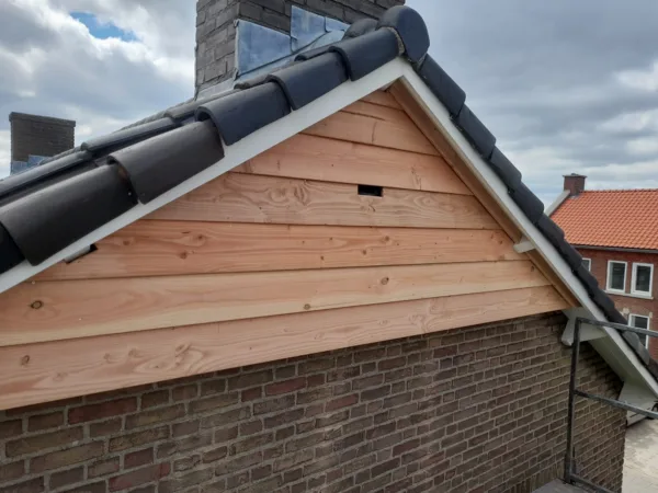 VK GB 02 Vleermuis gevelbetimmering (120 graden) | 1 Afbeelding van de VK GB 01 Vleermuis gevelbekleding geïntegreerd in een gevel. Het product is gemaakt van hout door Vivara Pro.